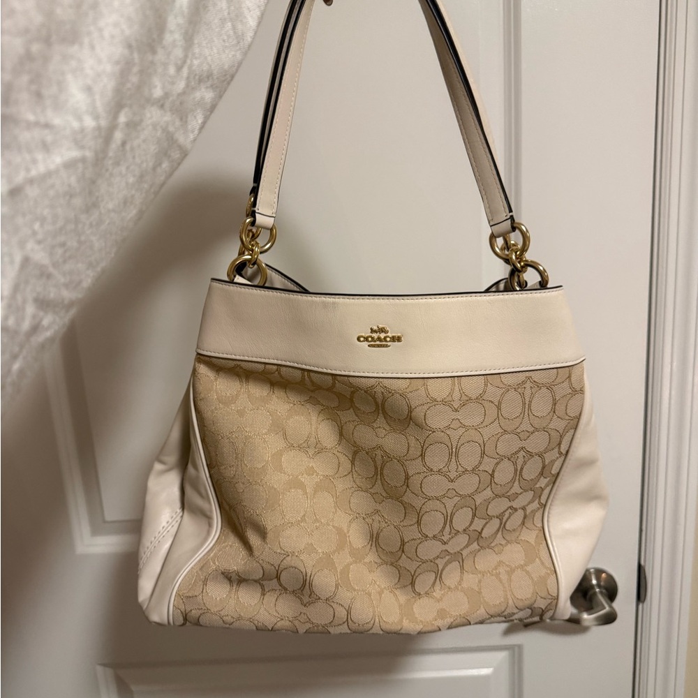 Coach Cream and Beige Signature Canvas Shoulder Bag